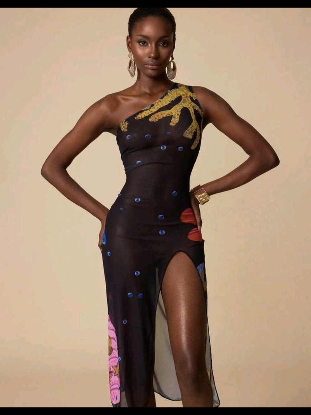 One-Shoulder Black Sheer Midi Dress with Multicolor Print